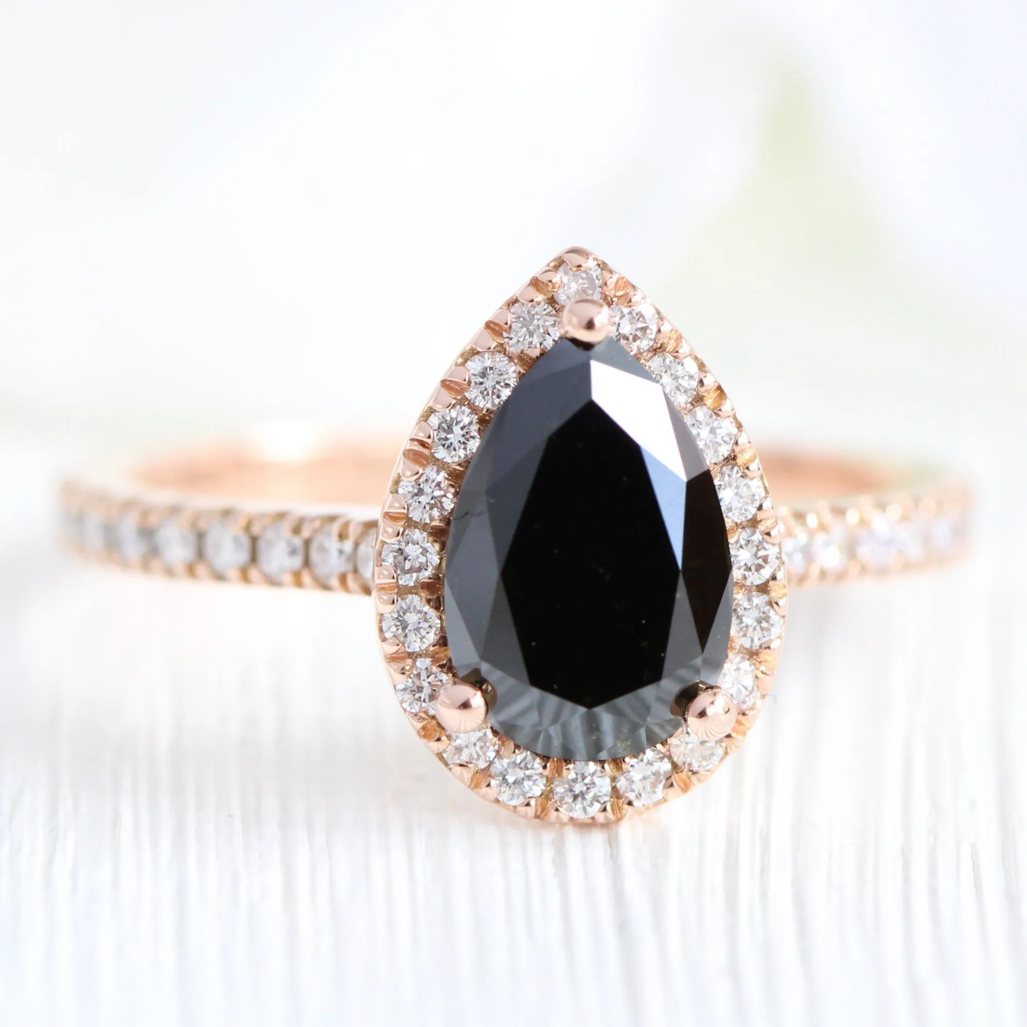 Luna Halo Pear Black Diamond Ring Set w/ Large 7 Diamond in Pave Wedding Band