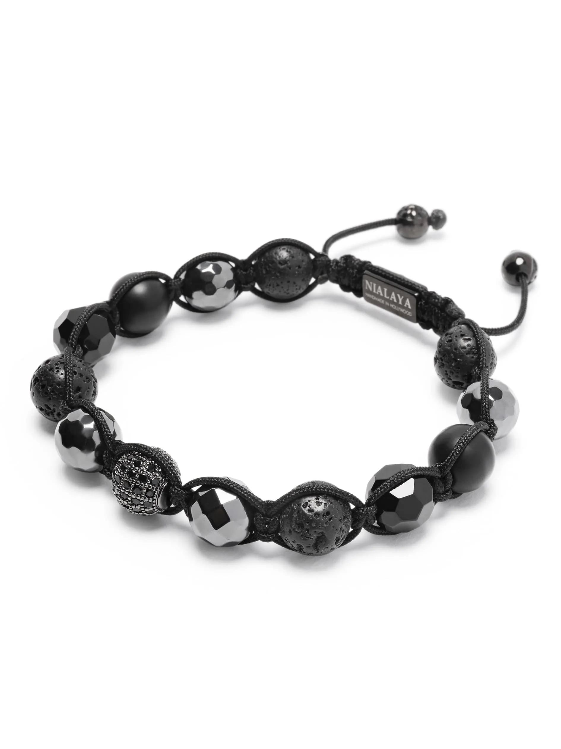 Men's Beaded Bracelet with Black CZ Diamond, Lava Stone, Matte Onyx, and Agate