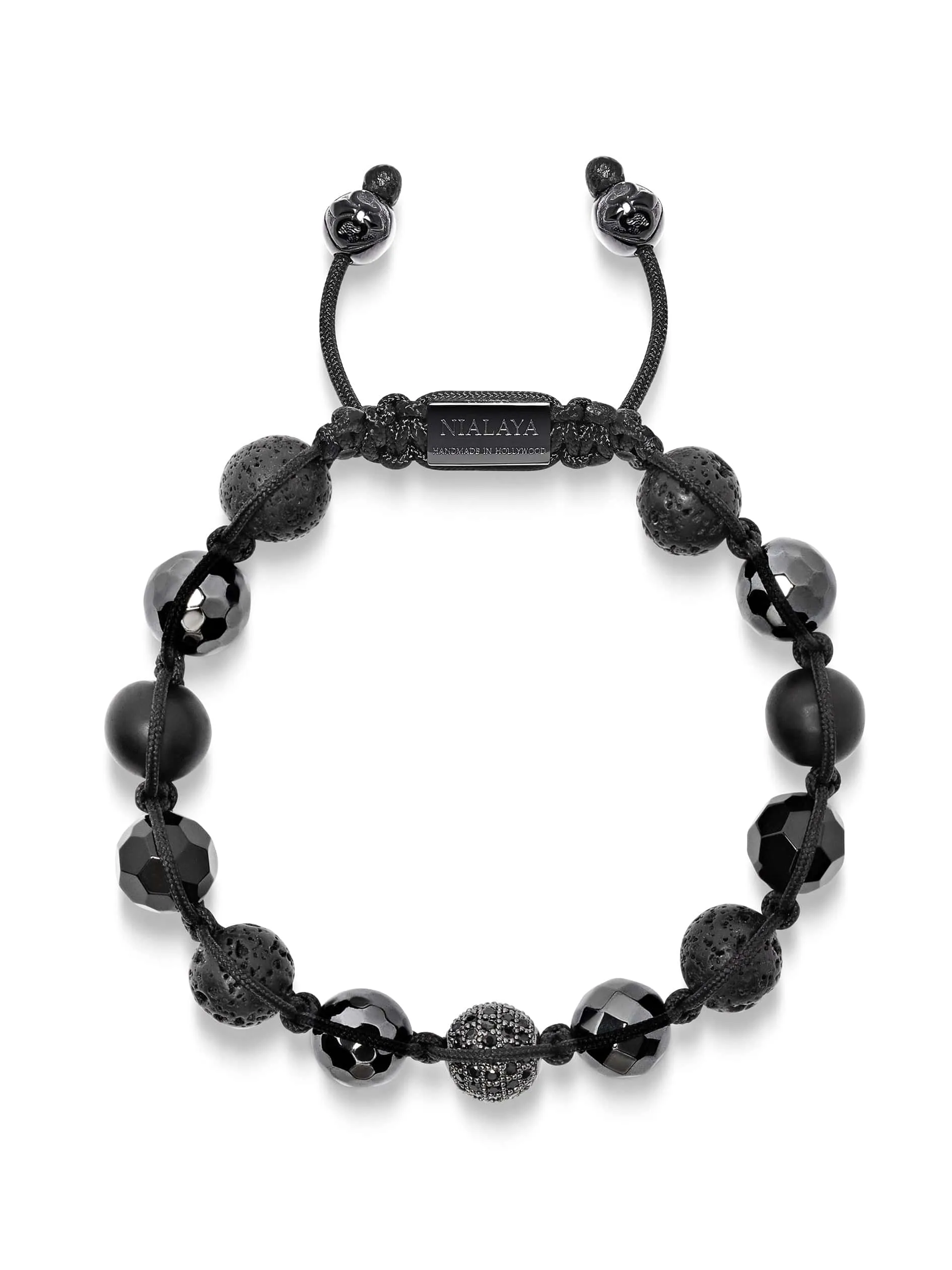 Men's Beaded Bracelet with Black CZ Diamond, Lava Stone, Matte Onyx, and Agate