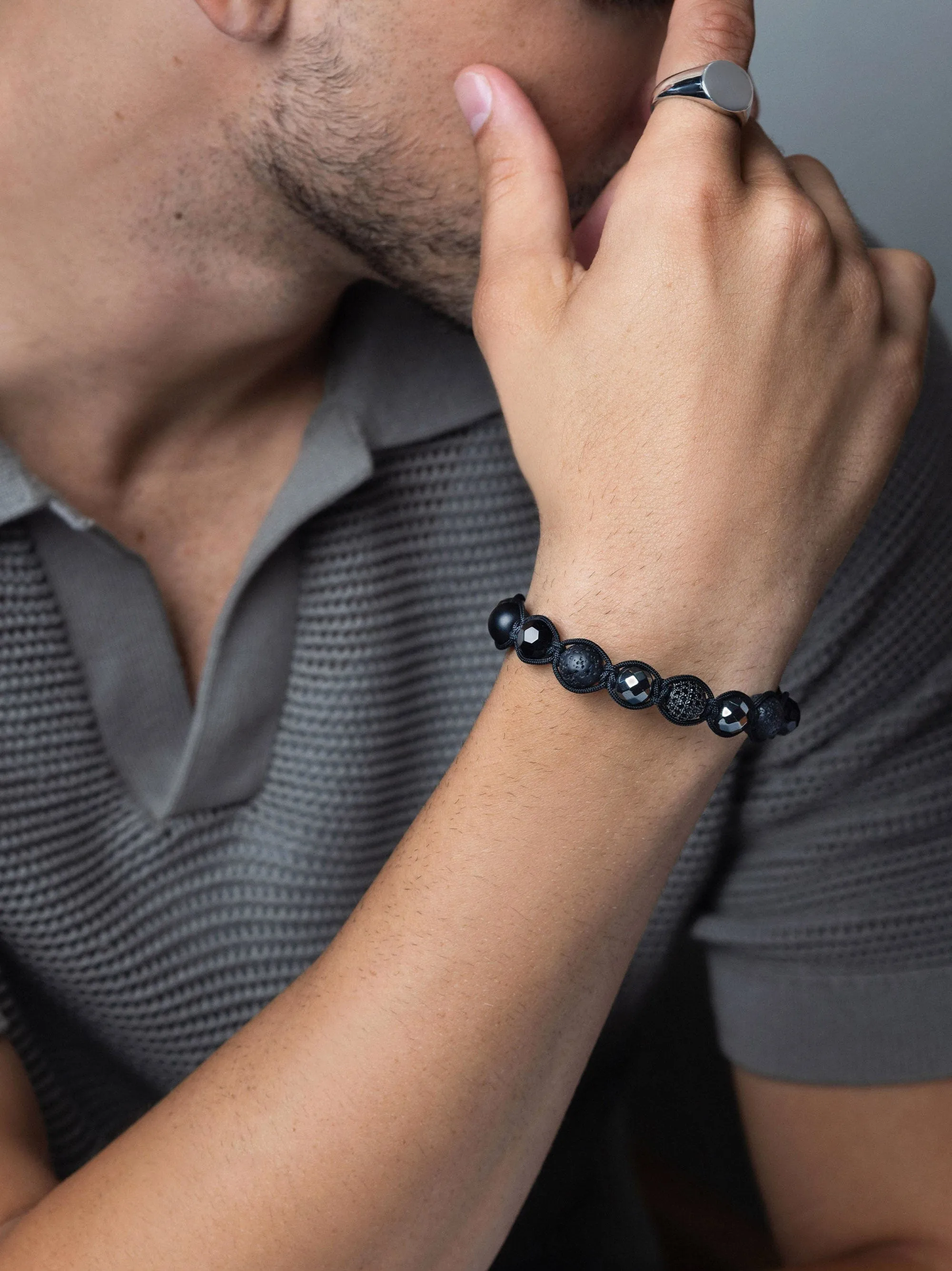 Men's Beaded Bracelet with Black CZ Diamond, Lava Stone, Matte Onyx, and Agate