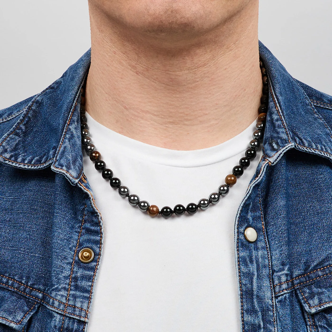 Mens Beaded Necklace | Handmade Natural Tigers Eye And Onyx Beaded Necklace for Men