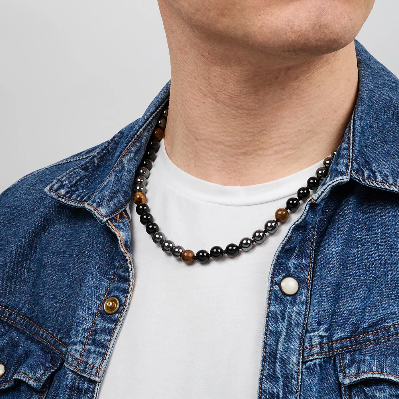 Mens Beaded Necklace | Handmade Natural Tigers Eye And Onyx Beaded Necklace for Men