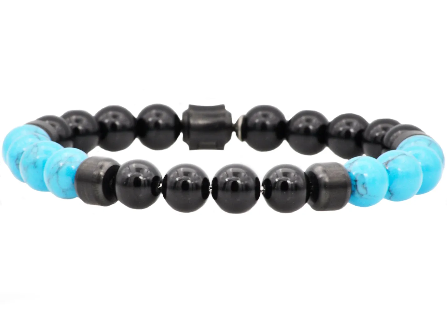 Mens Genuine Onyx And Turquoise Black Stainless Steel Beaded Bracelet