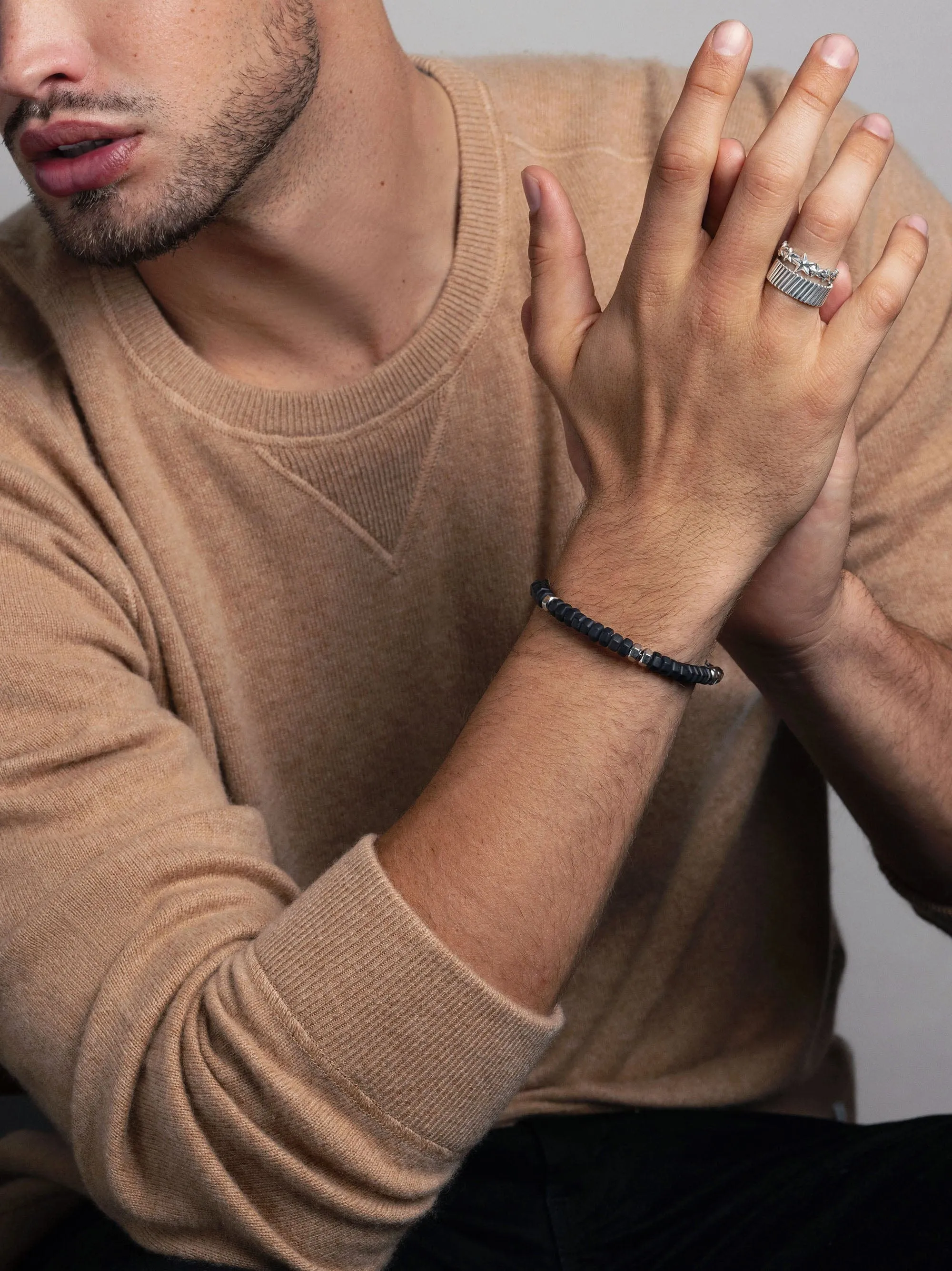 Men's Hexagon Beaded Bracelet with Black Onyx and Silver