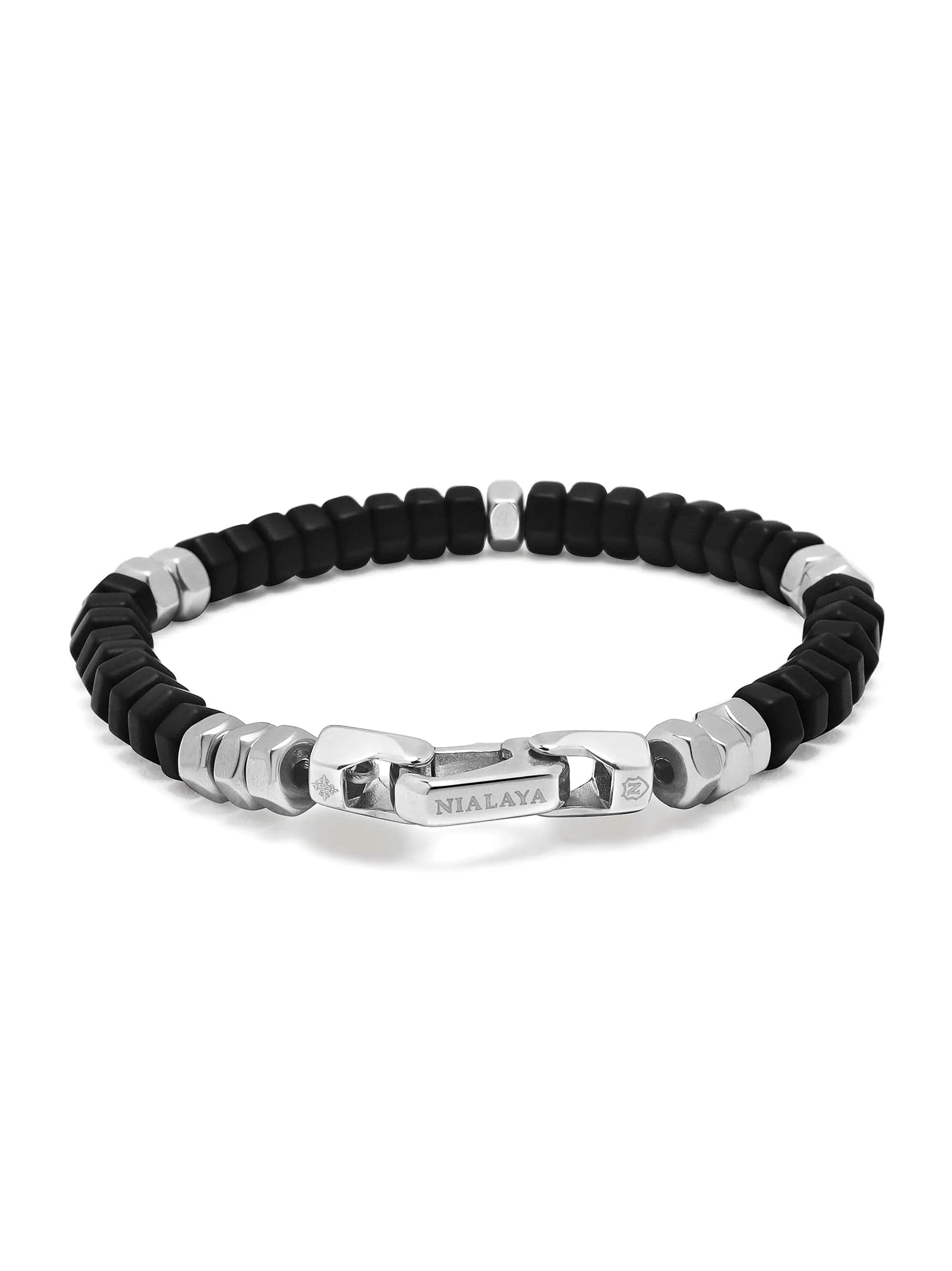 Men's Hexagon Beaded Bracelet with Black Onyx and Silver