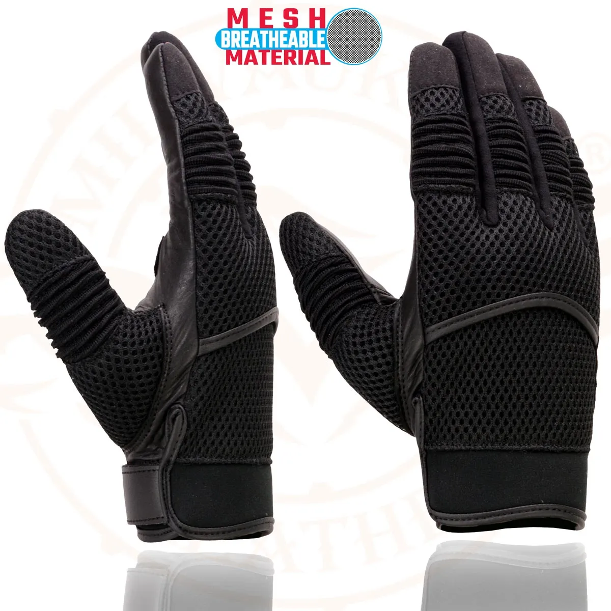 Milwaukee Leather SH791 Men's Black Leather and Black Mesh Combo Racing Motorcycle Hand Gloves W/ Elasticized Fingers