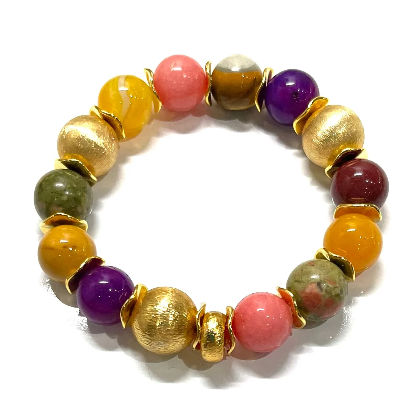 Multi-Gemstone Rhodochrosite, Sugilite & Jade Gemstone Gold Beaded Bracelet