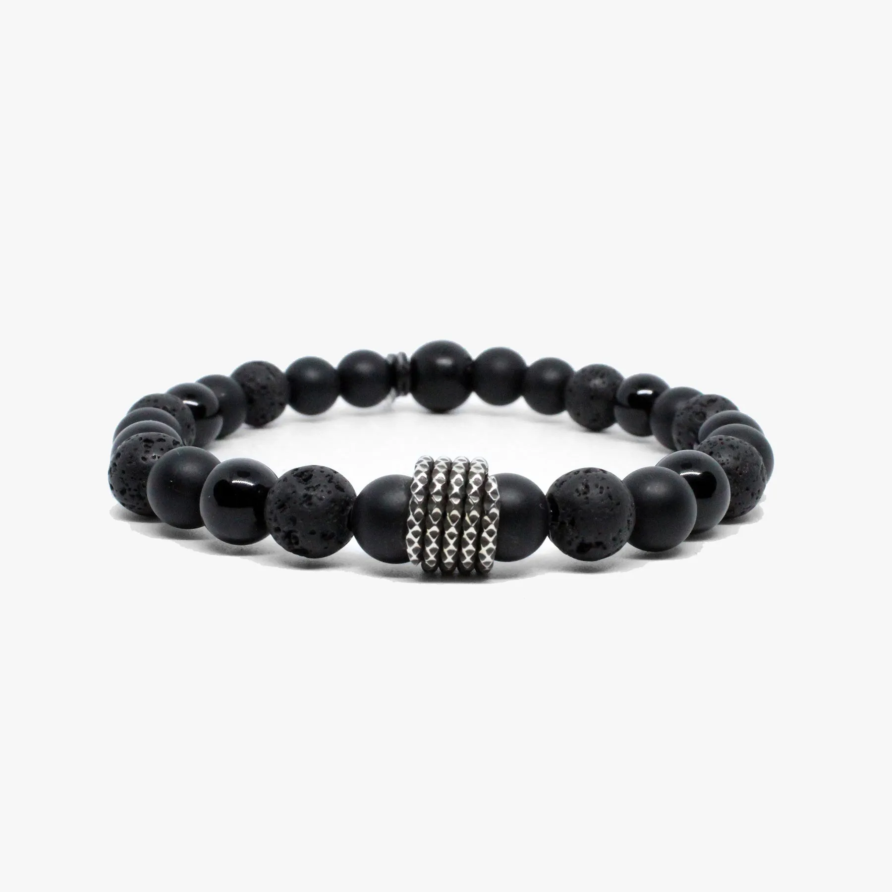 Onyx Gemstone Black Lava Men's Bracelet, Sterling Silver Coil