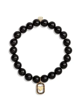 Open Heart Icon on Smooth Onyx Beaded Bracelet