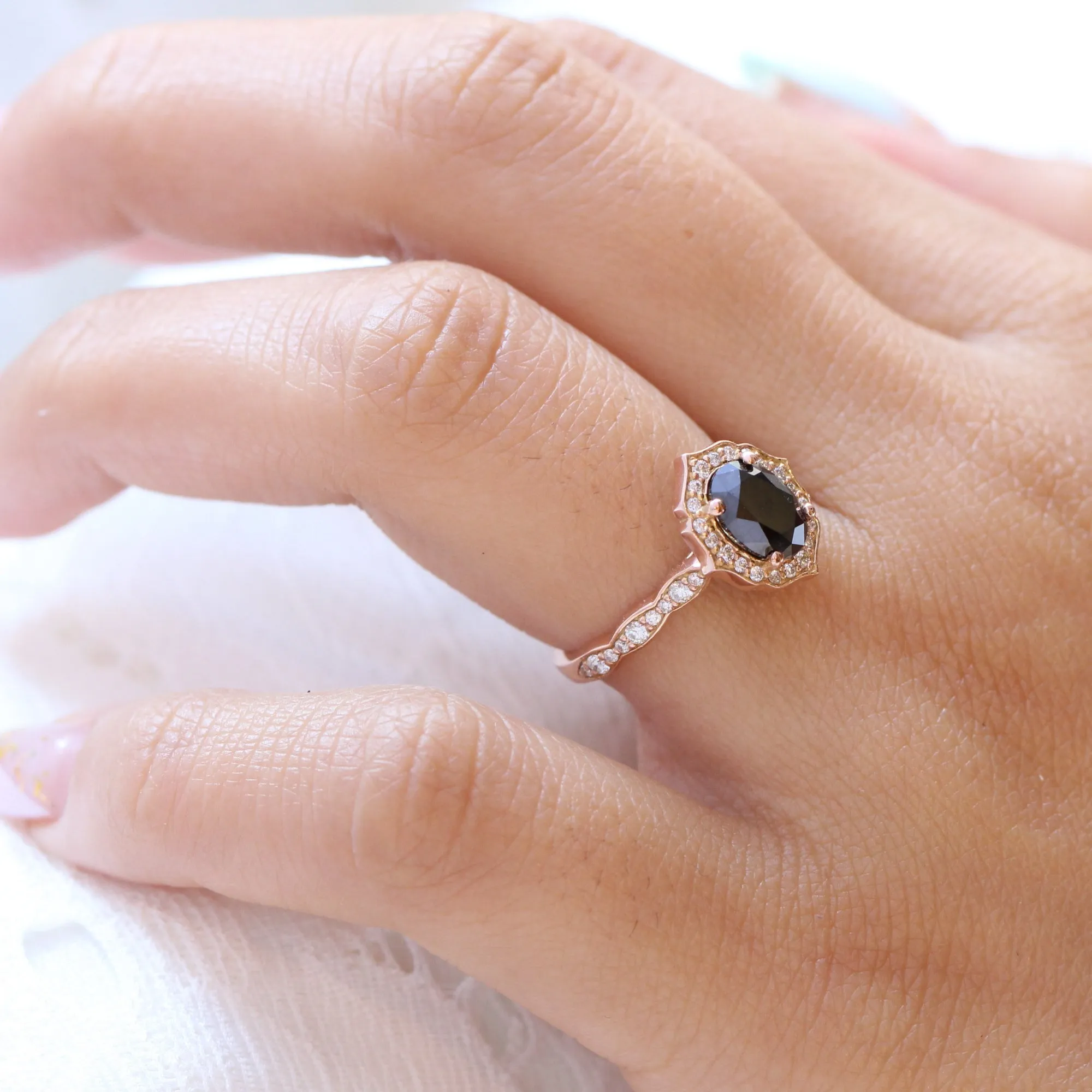 Oval Black Diamond Engagement Ring in Vintage Floral Scalloped Band