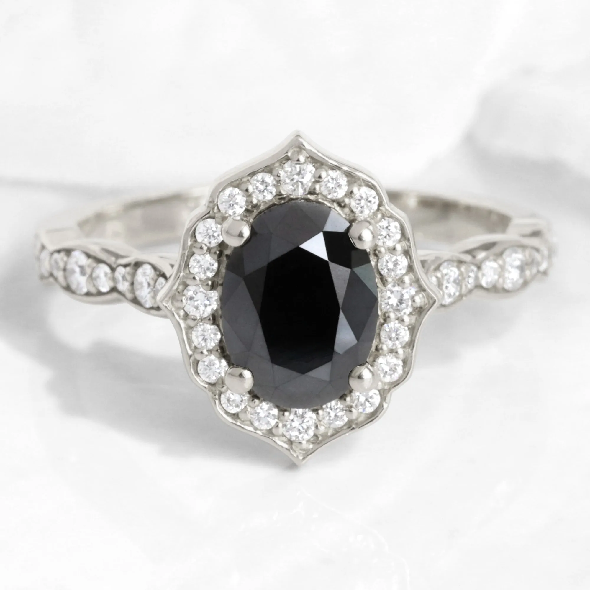 Oval Black Diamond Engagement Ring in Vintage Floral Scalloped Band