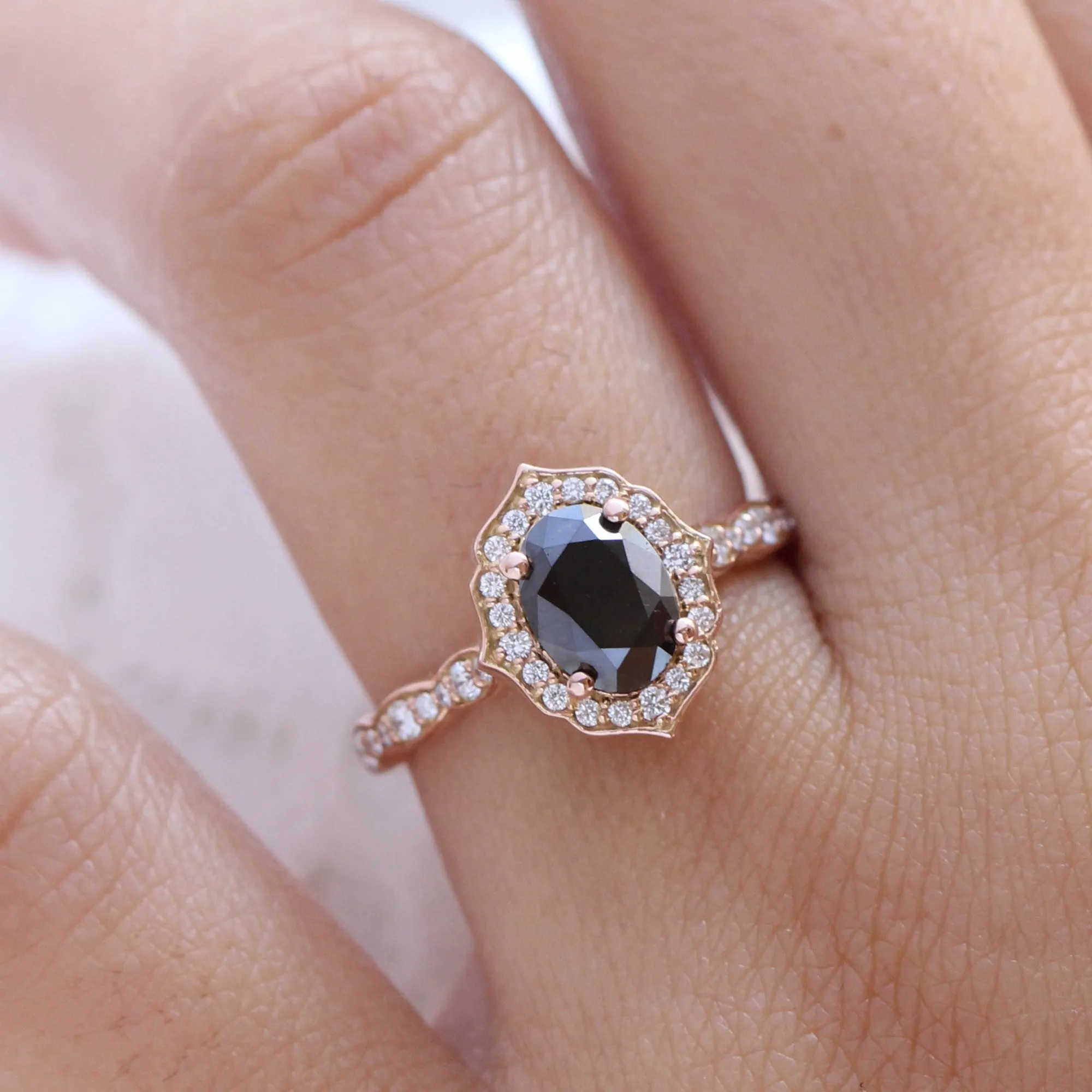 Oval Black Diamond Engagement Ring in Vintage Floral Scalloped Band