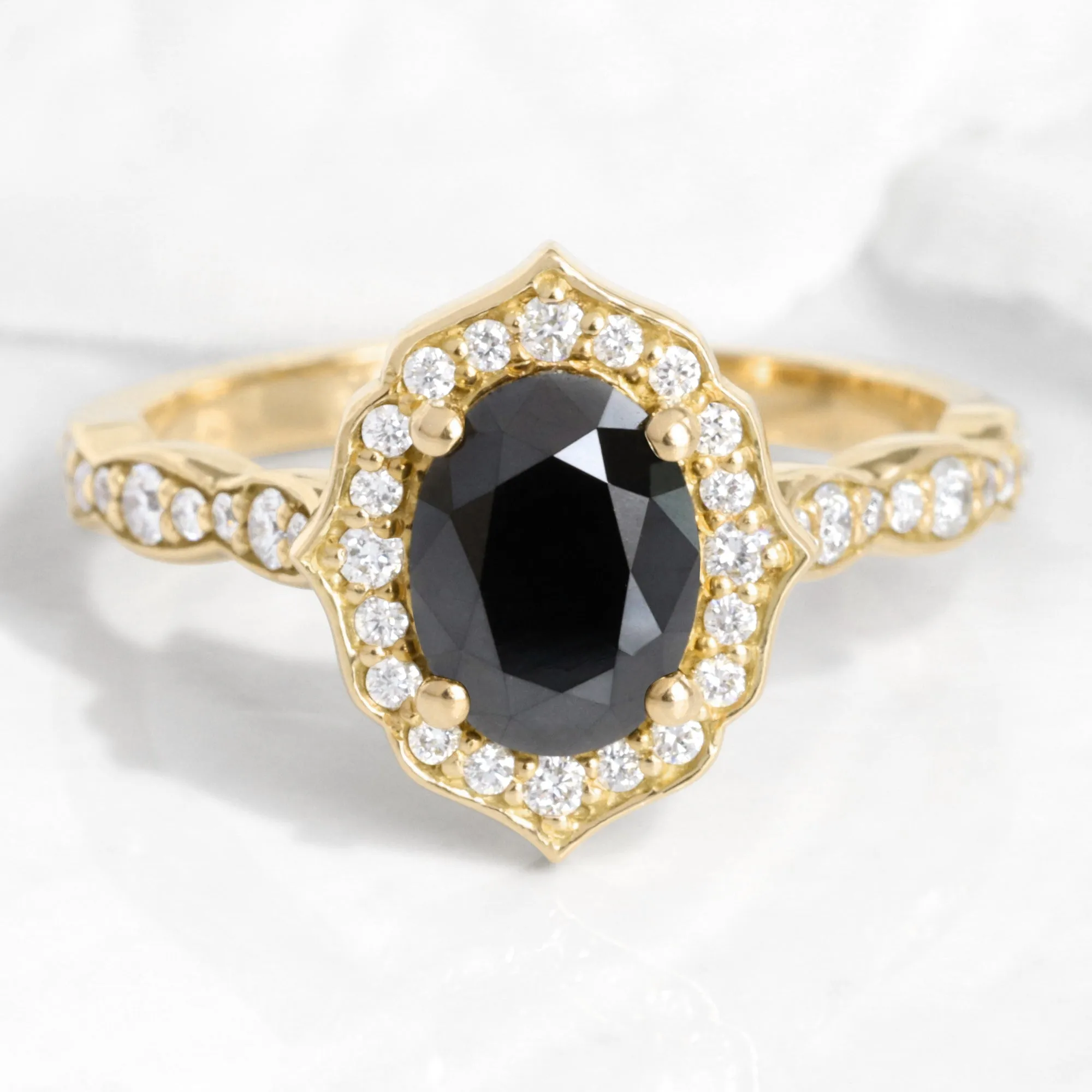 Oval Black Diamond Engagement Ring in Vintage Floral Scalloped Band