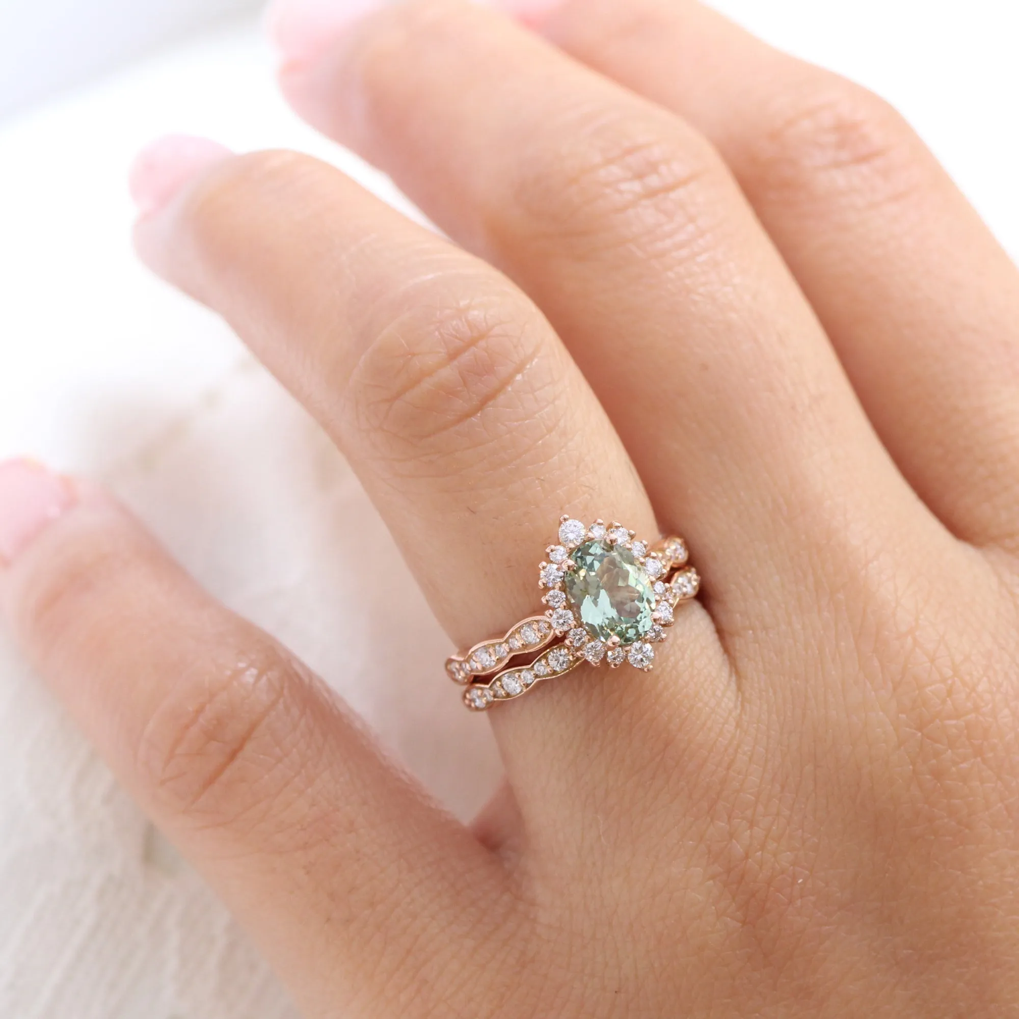 Oval Green Sapphire Engagement Ring in Tiara Halo Diamond Scalloped Band