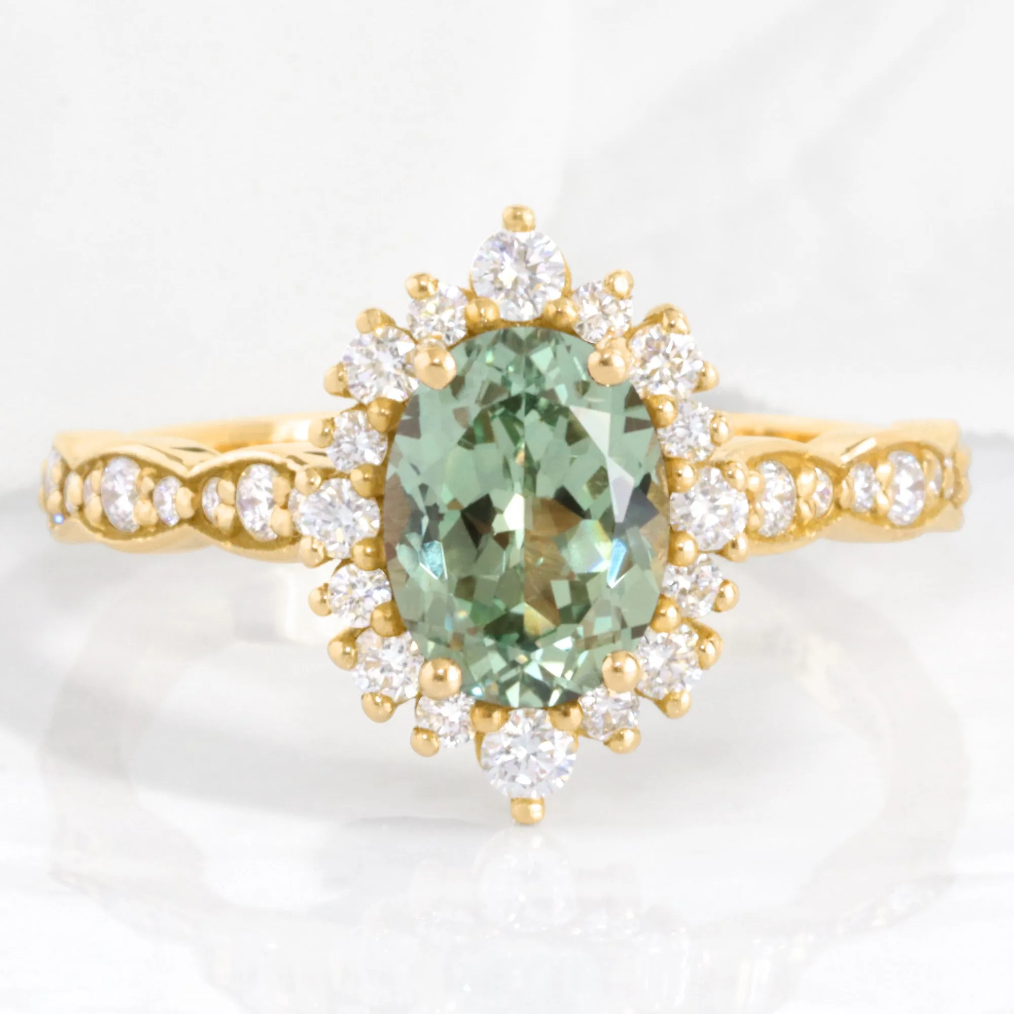 Oval Green Sapphire Engagement Ring in Tiara Halo Diamond Scalloped Band