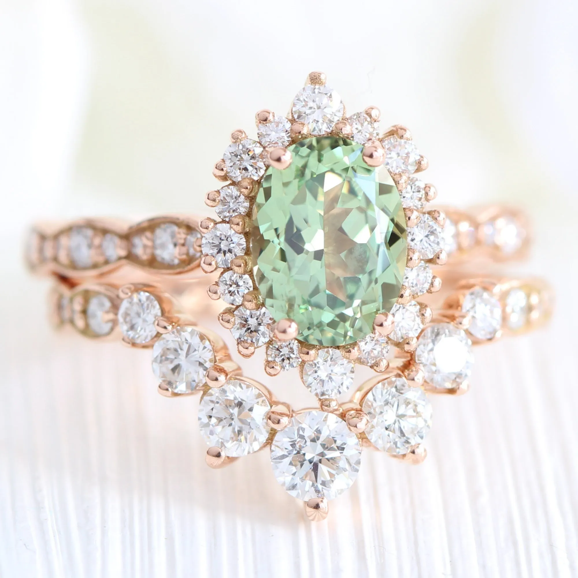 Oval Green Sapphire Engagement Ring in Tiara Halo Diamond Scalloped Band