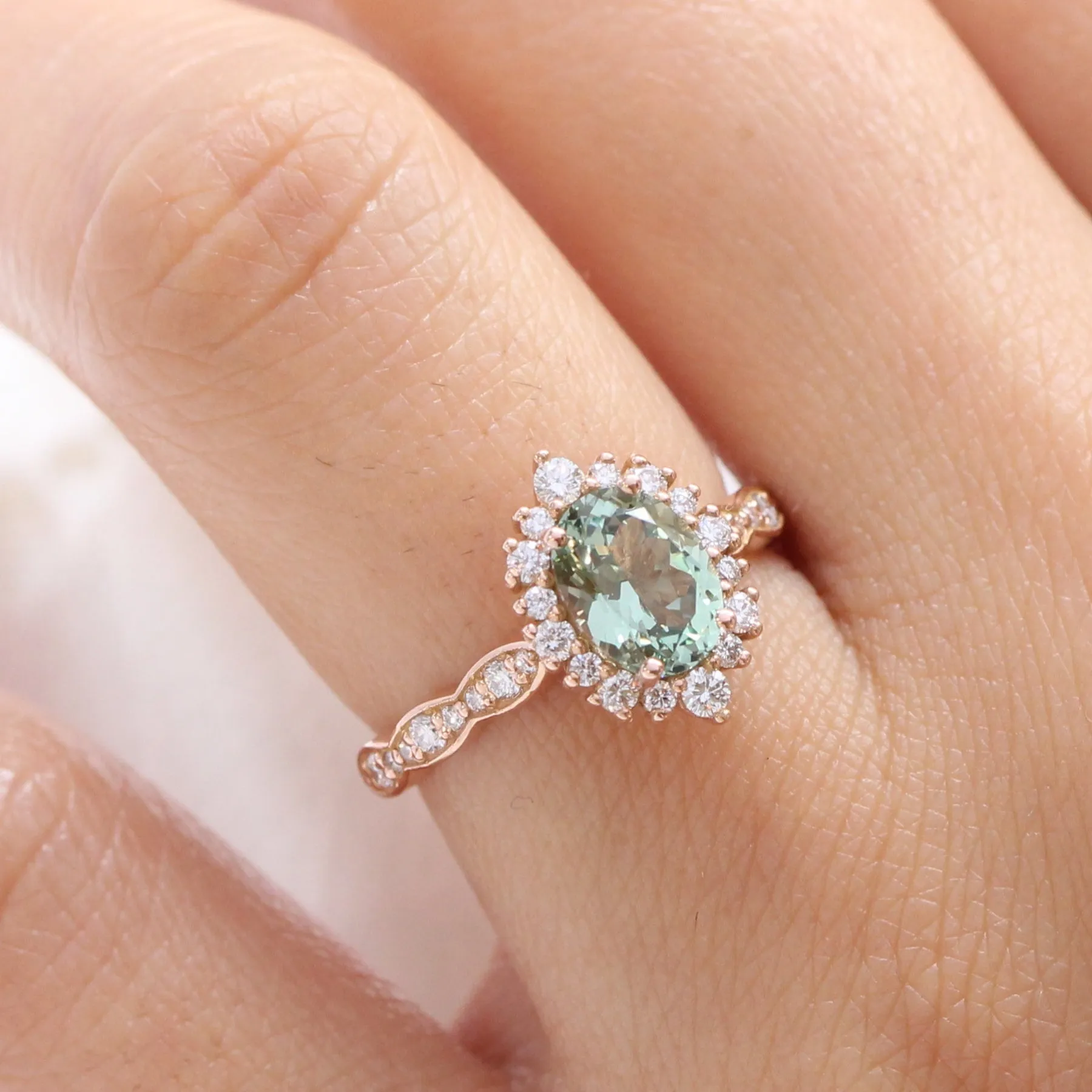 Oval Green Sapphire Engagement Ring in Tiara Halo Diamond Scalloped Band