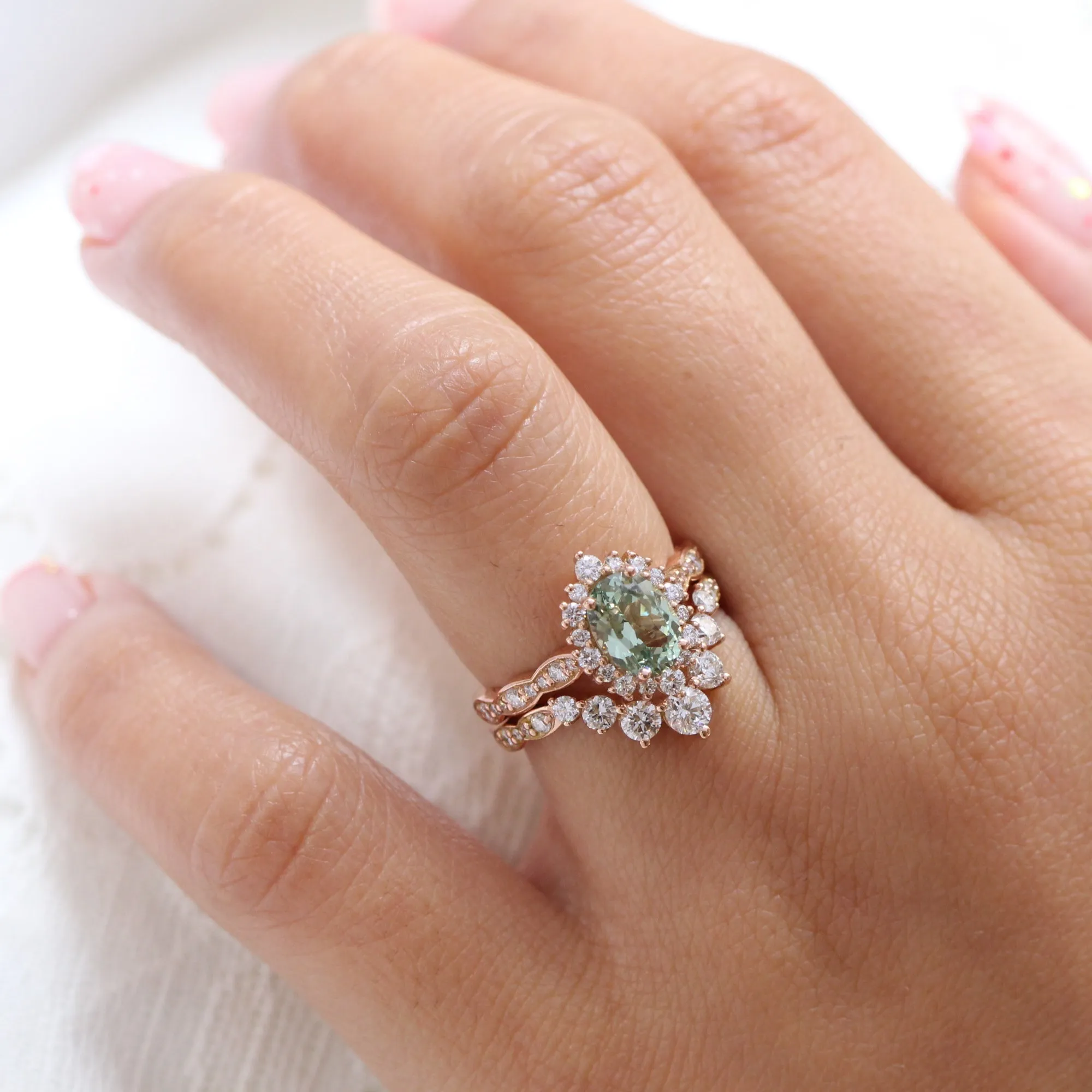 Oval Green Sapphire Engagement Ring in Tiara Halo Diamond Scalloped Band