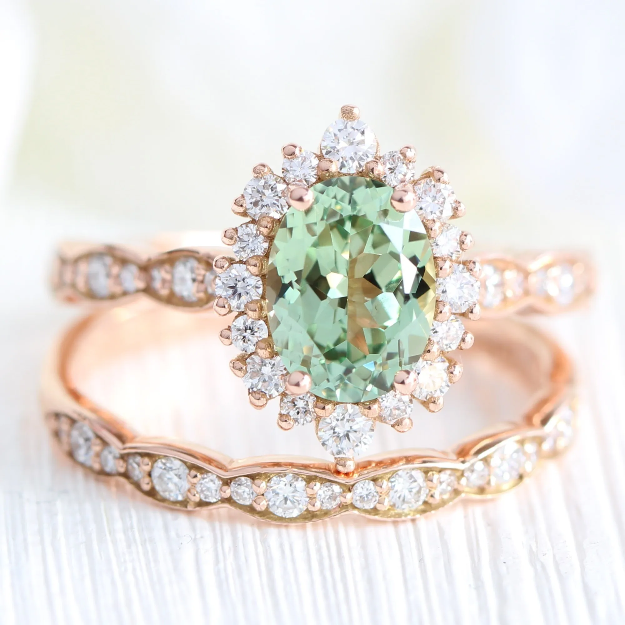 Oval Green Sapphire Engagement Ring in Tiara Halo Diamond Scalloped Band