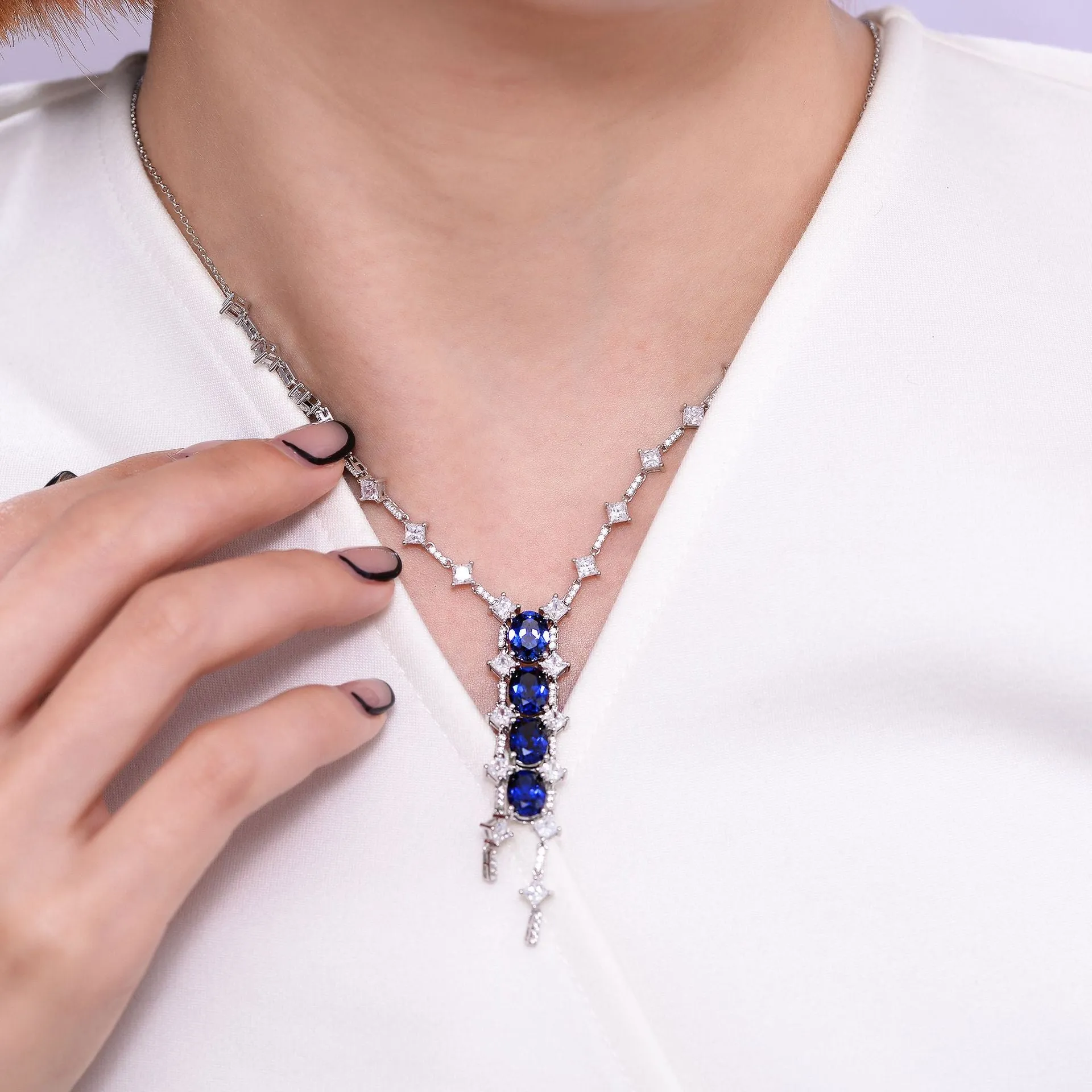 Oval Lab Created Sapphire Beading Tassle Silver Necklace