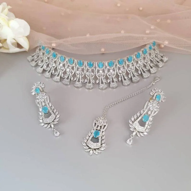 Pale Blue Silver American Diamond CZ Choker Necklace