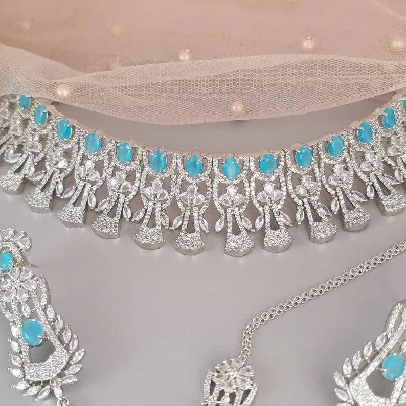 Pale Blue Silver American Diamond CZ Choker Necklace