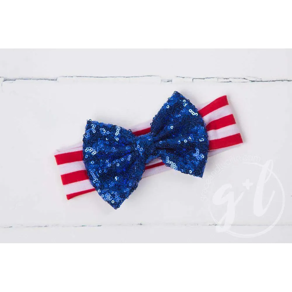 Patriotic Blue Sequined Bow on Red & White Striped Headband