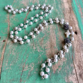 Pave Cross Long Freshwater Pearl Necklace and Earrings