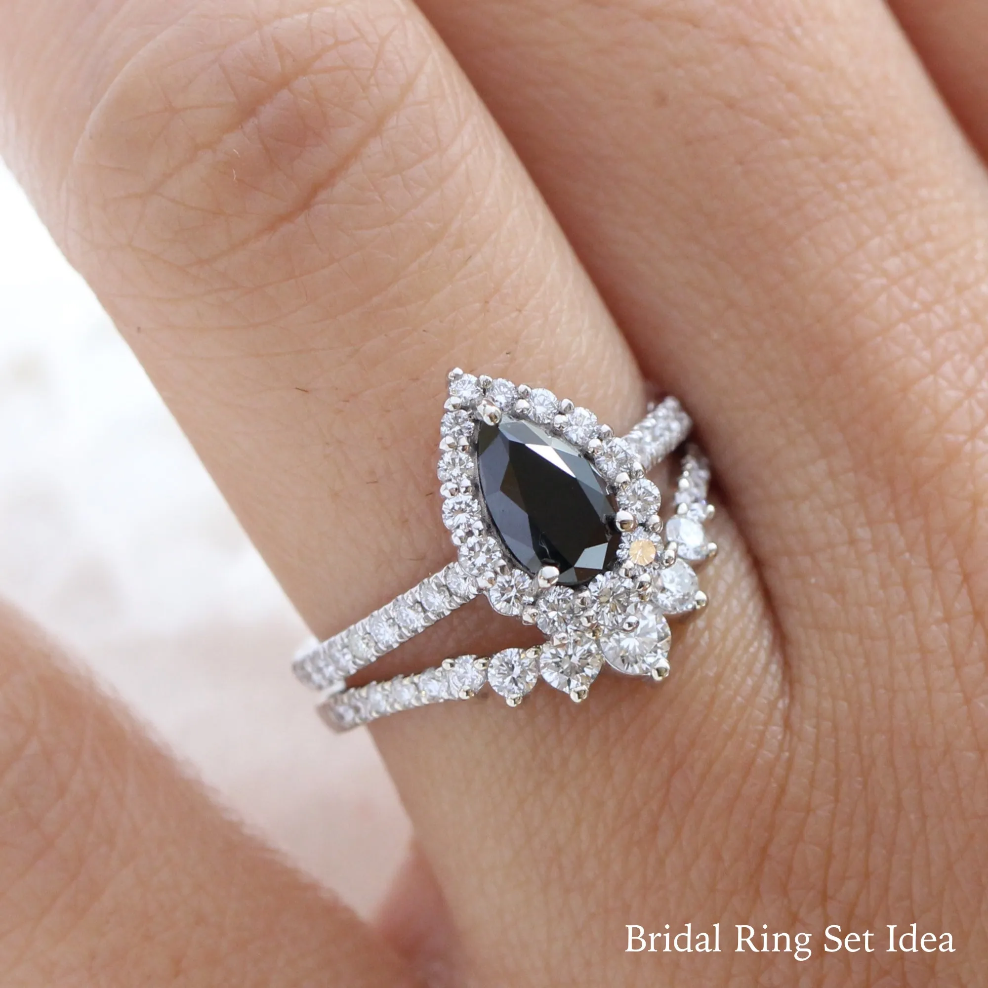 Pear Black Diamond Engagement Ring in Tiara Halo Diamond Pave Band