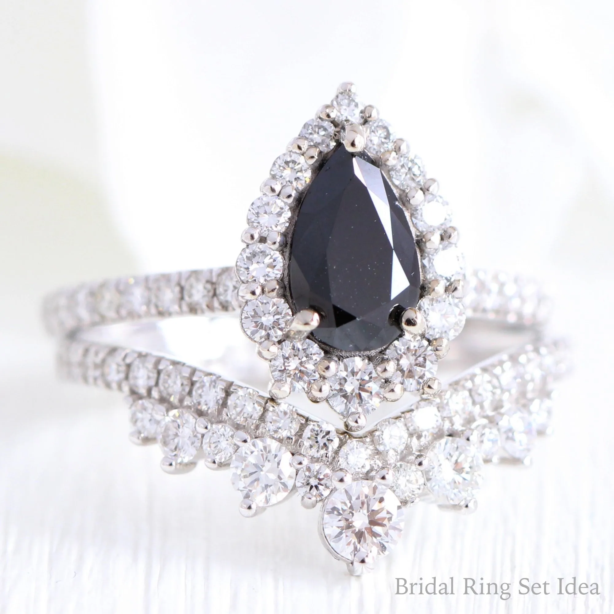 Pear Black Diamond Engagement Ring in Tiara Halo Diamond Pave Band