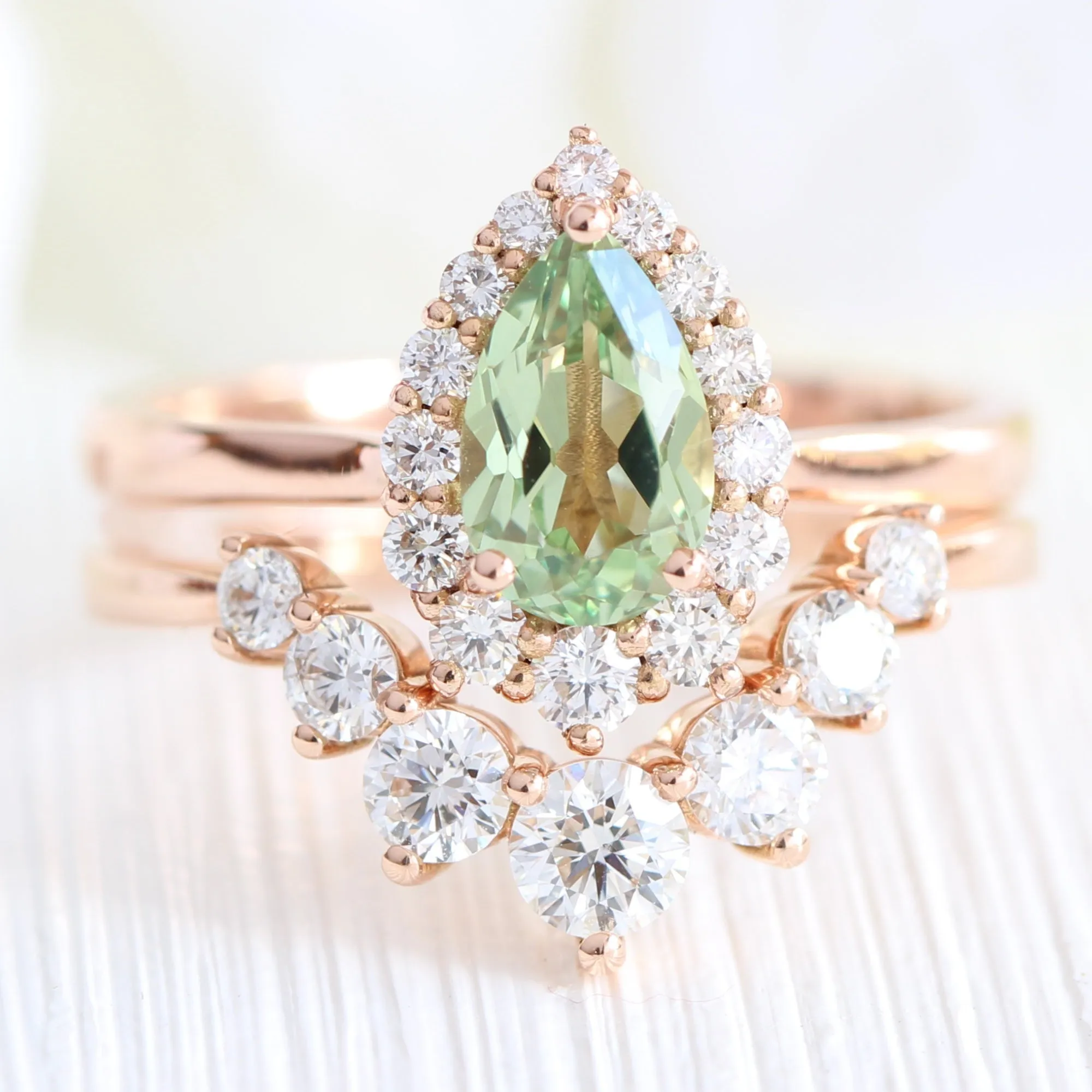 Pear Seafoam Green Sapphire Ring in Tiara Halo Diamond Tapered Band