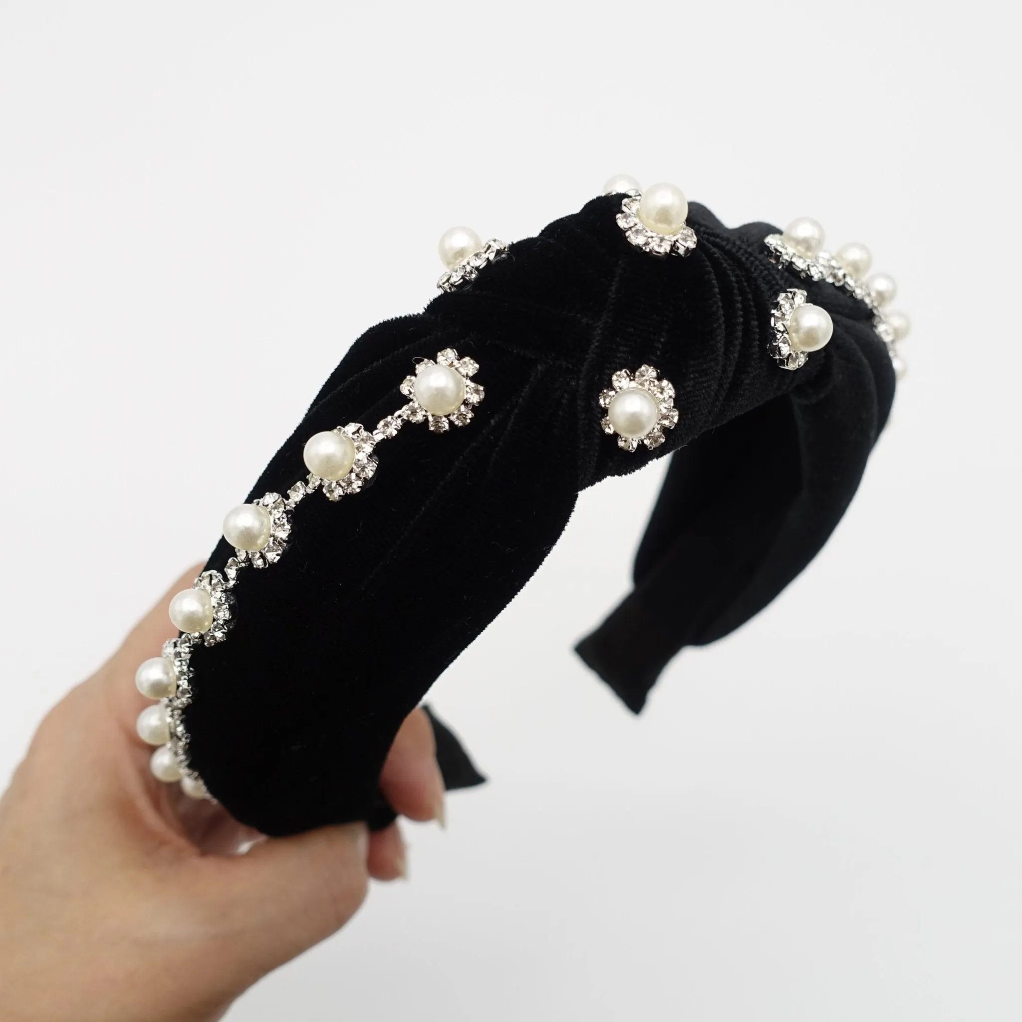 pearl rhinestone headband flower knotted velvet womens hairband accessory