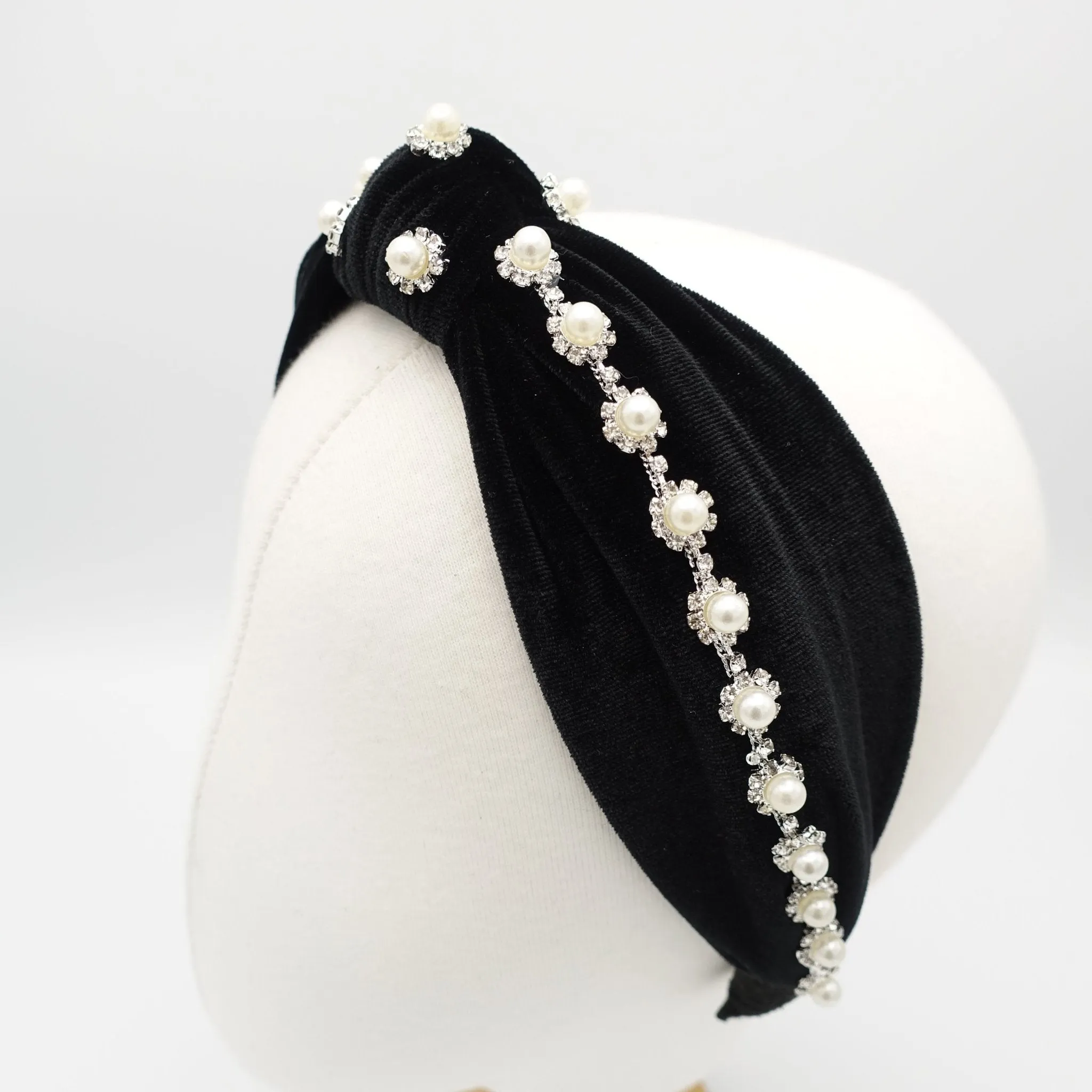 pearl rhinestone headband flower knotted velvet womens hairband accessory