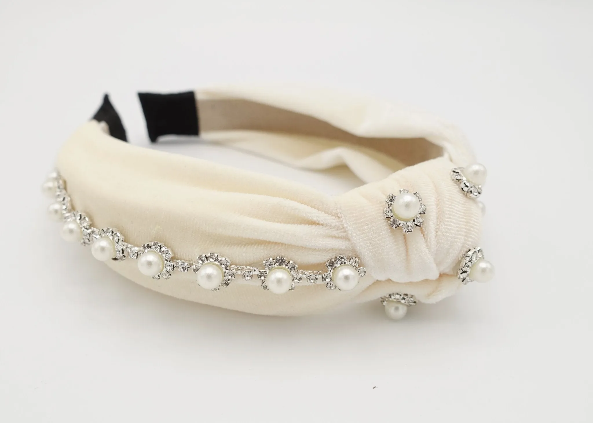 pearl rhinestone headband flower knotted velvet womens hairband accessory