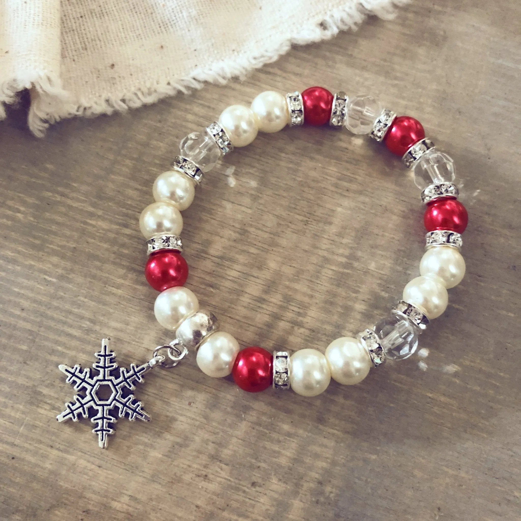 Pearl Snowflake charm holiday Christmas bracelet