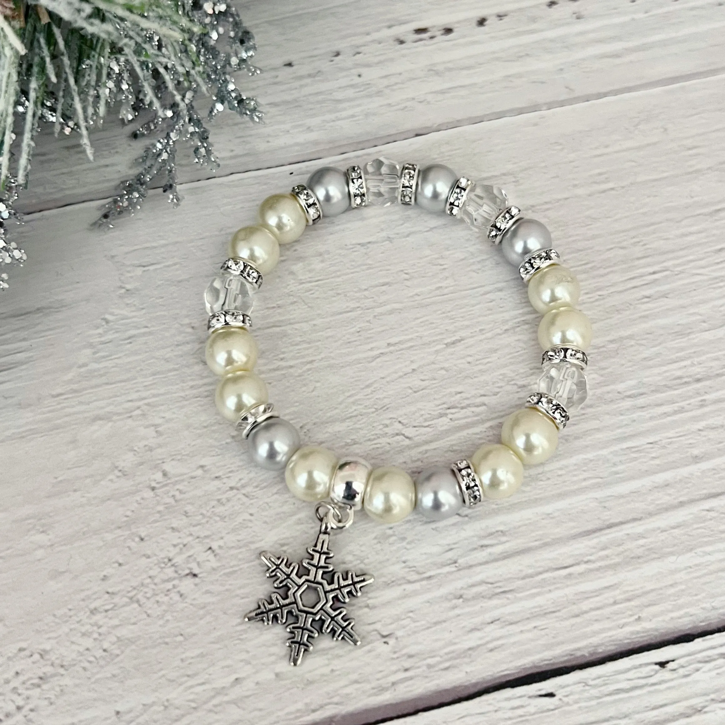 Pearl Snowflake charm holiday Christmas bracelet