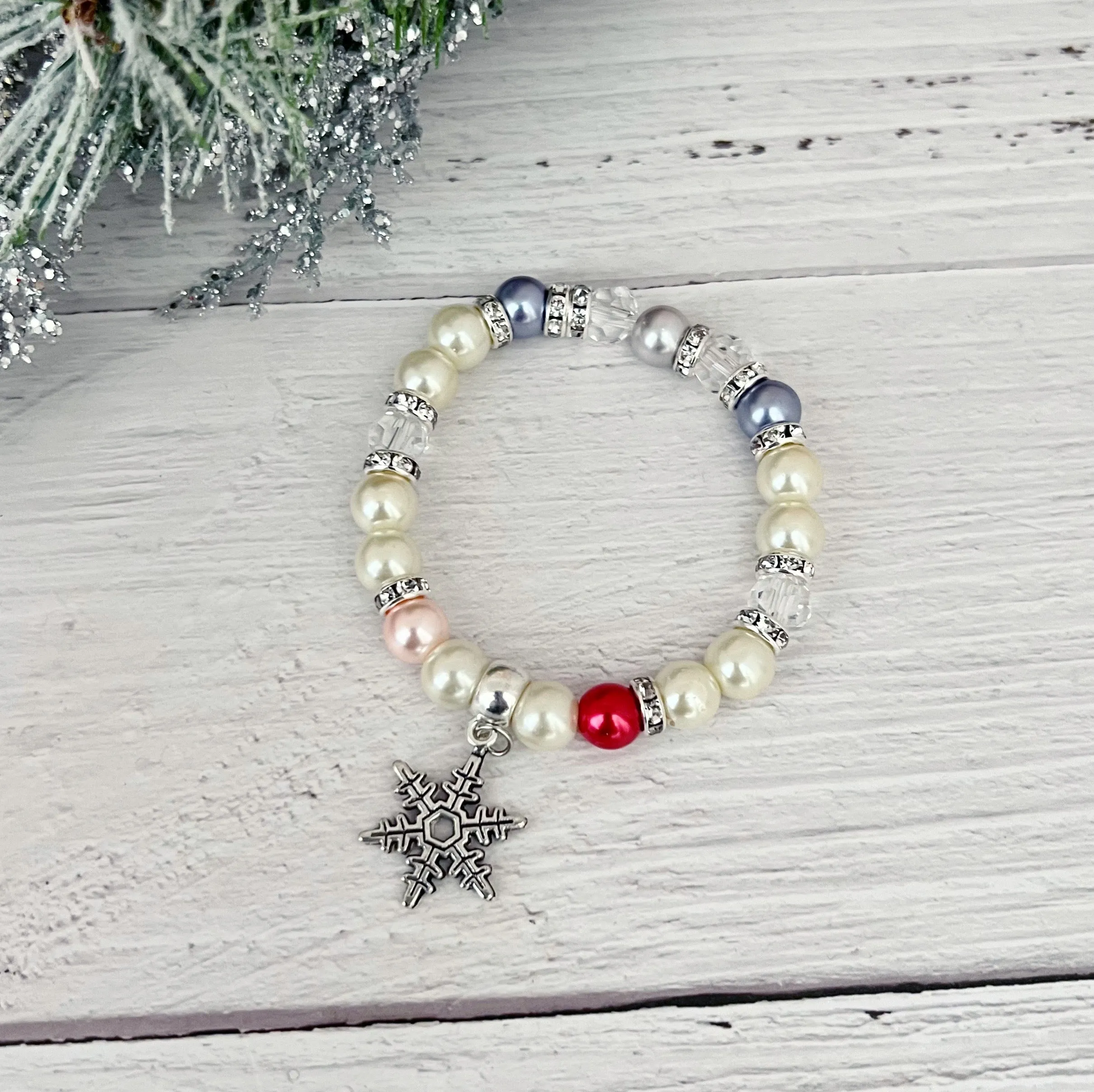 Pearl Snowflake charm holiday Christmas bracelet