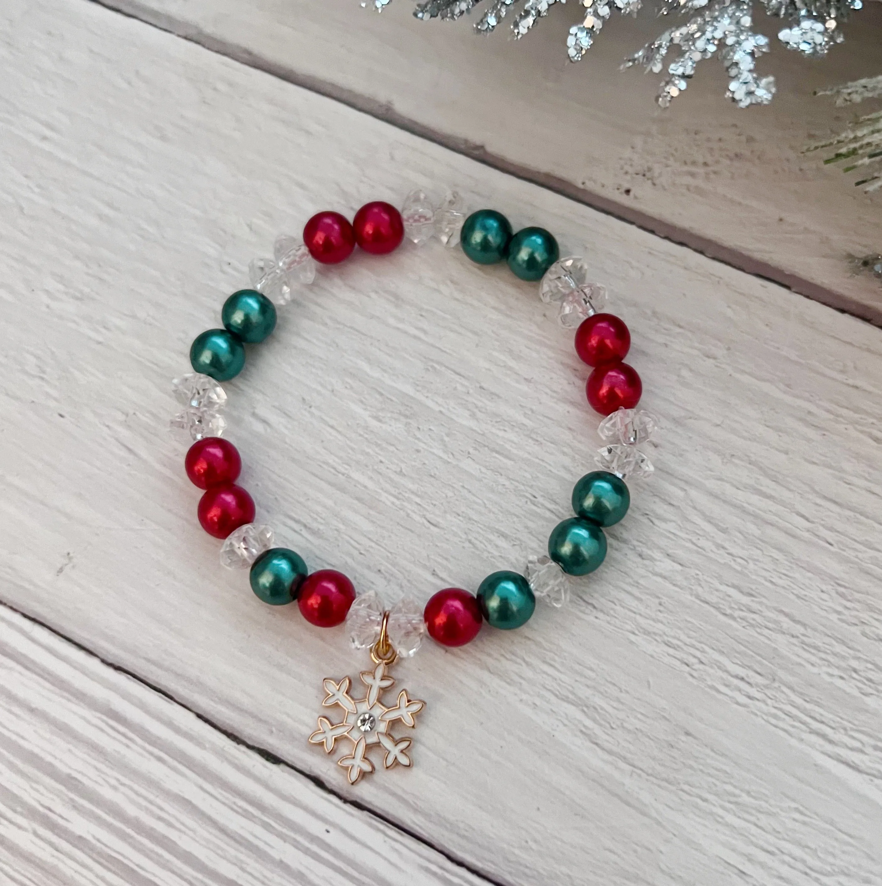 Pearl Snowflake charm holiday Christmas bracelet