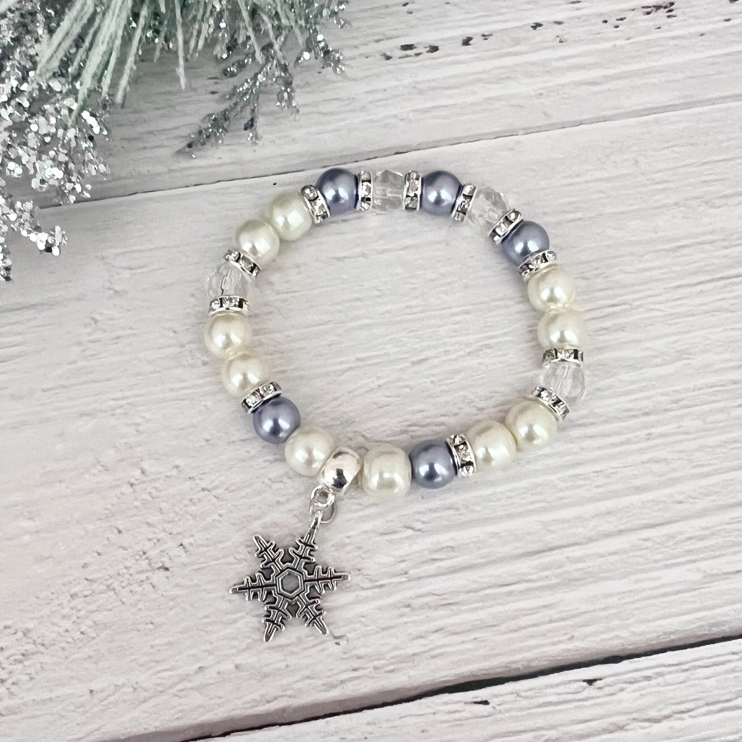 Pearl Snowflake charm holiday Christmas bracelet