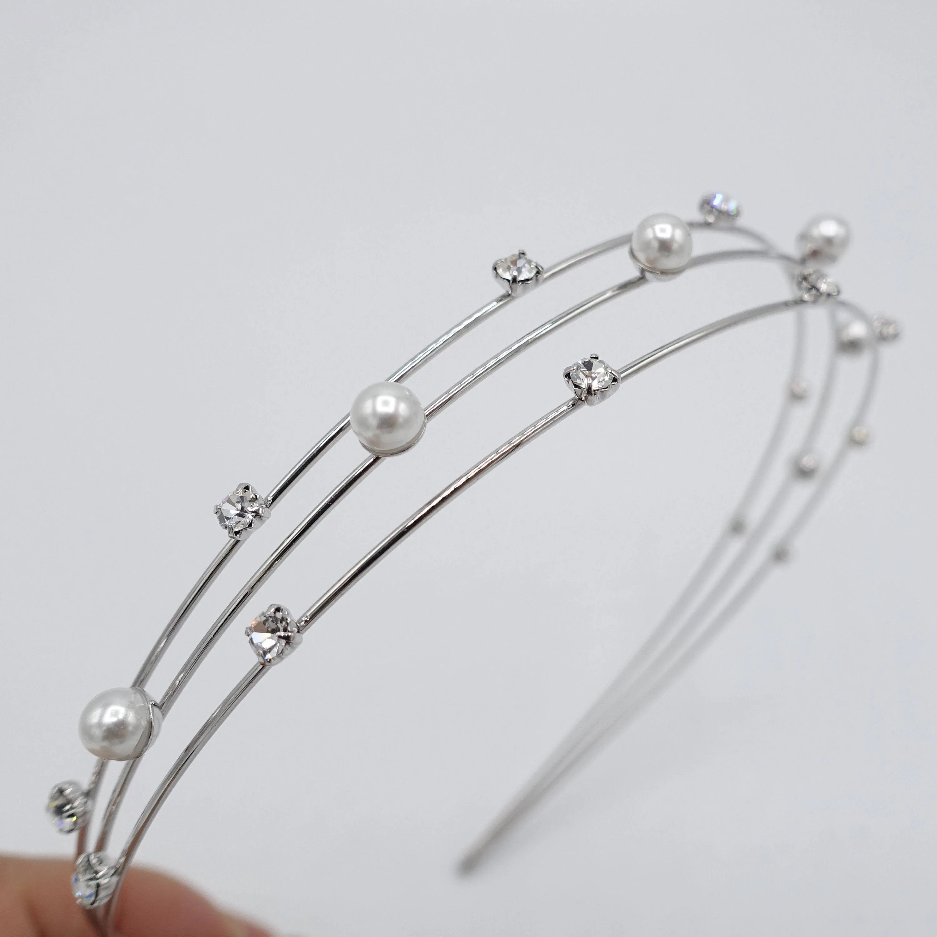 pearl triple headband thin metal rhinestone hairband for women