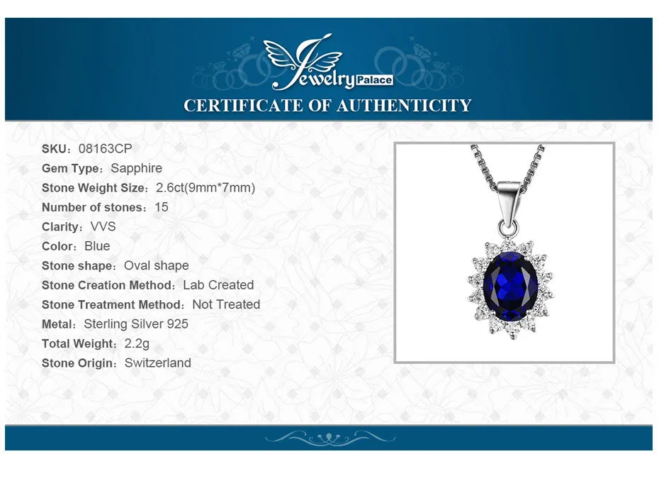 Pendant JewelryPalace Kate Princess Diana William 2.5ct Blue Sapphire 925 Sterling Silver without a chain