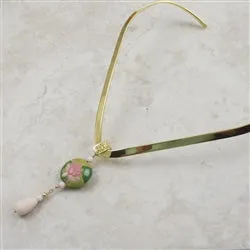 Pink & Green Lotus Flower Handmade Pendant on V-curved Gold Choker