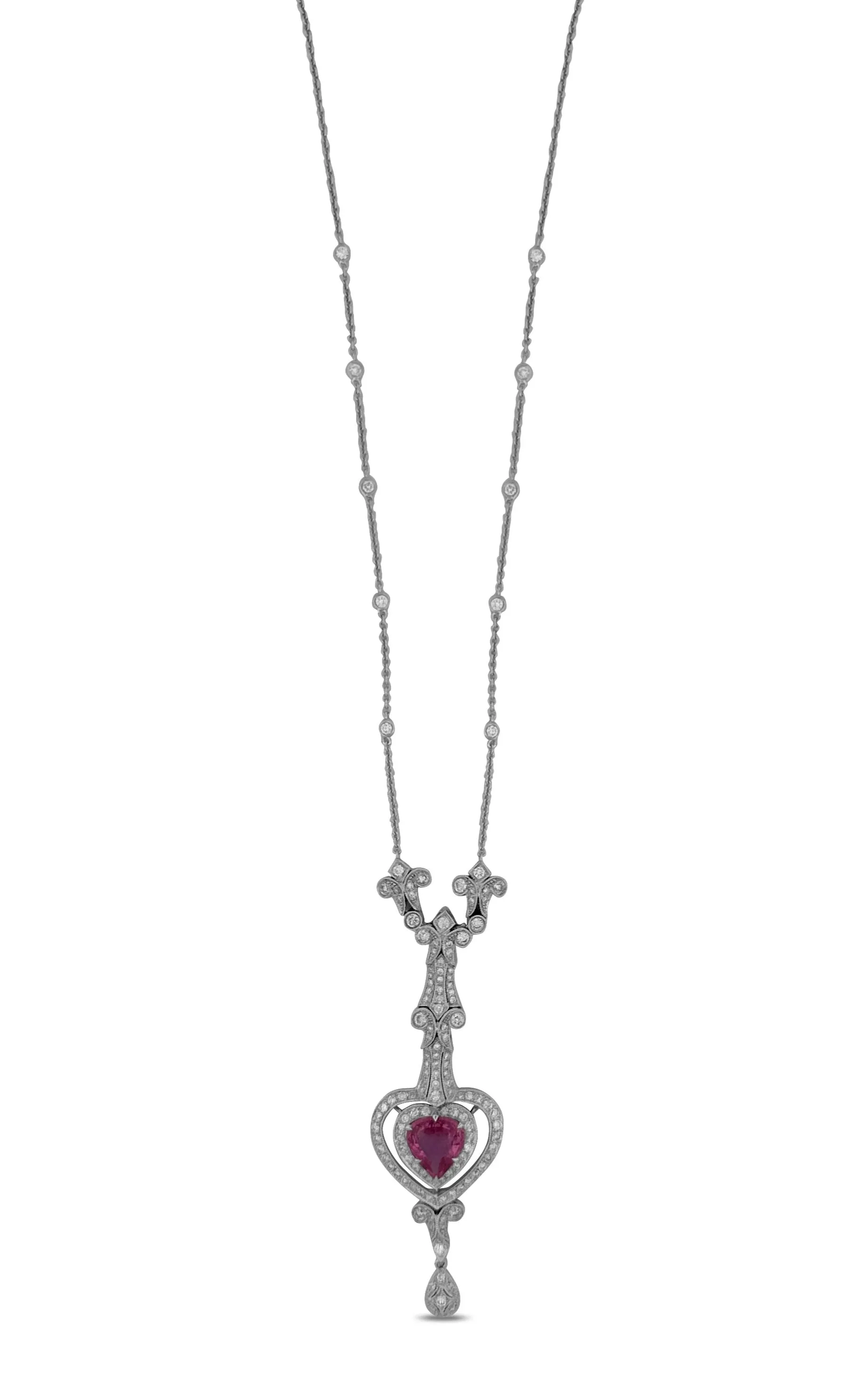 Pink Sapphire And Diamond Edwardian-Style Necklace in 18k White Gold