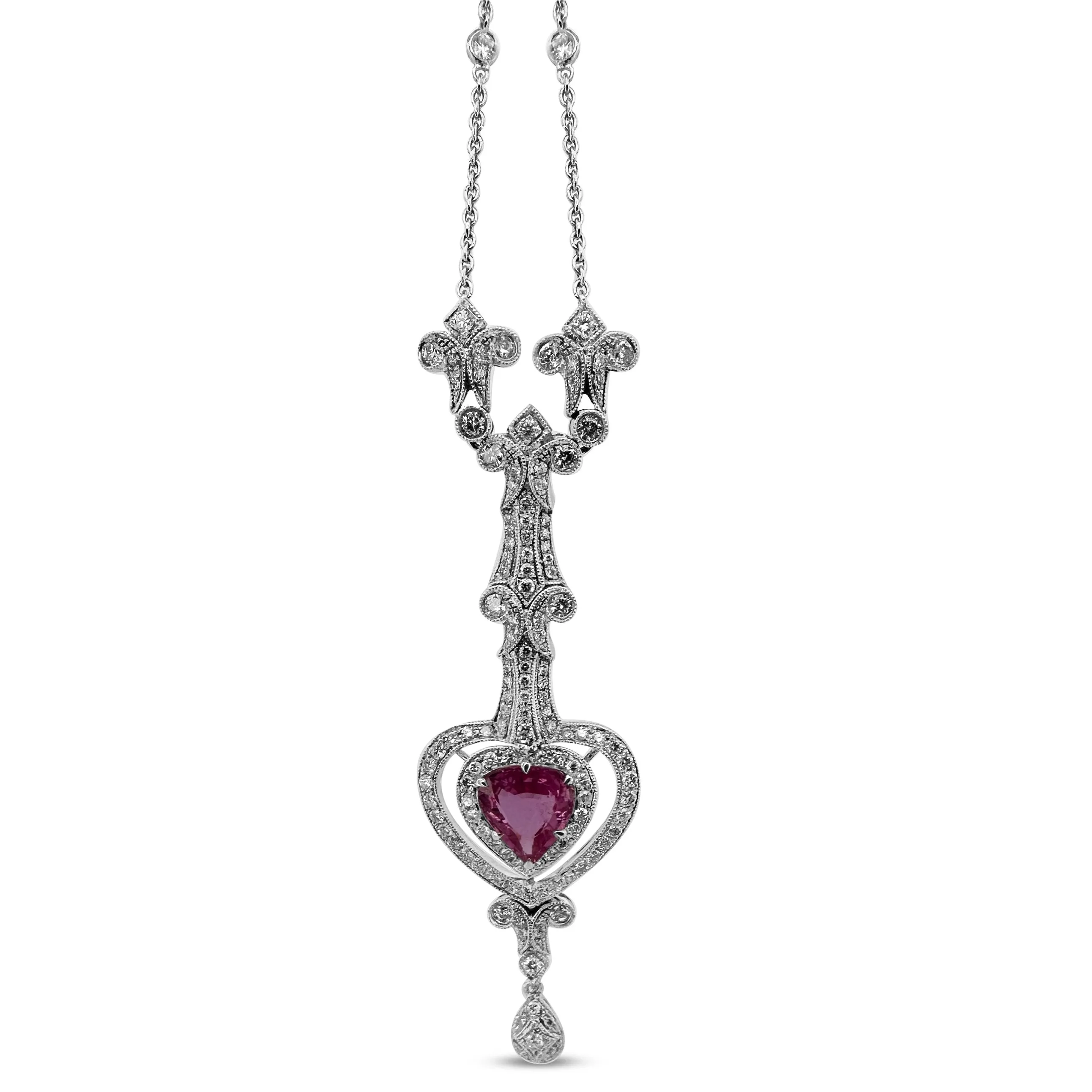 Pink Sapphire And Diamond Edwardian-Style Necklace in 18k White Gold