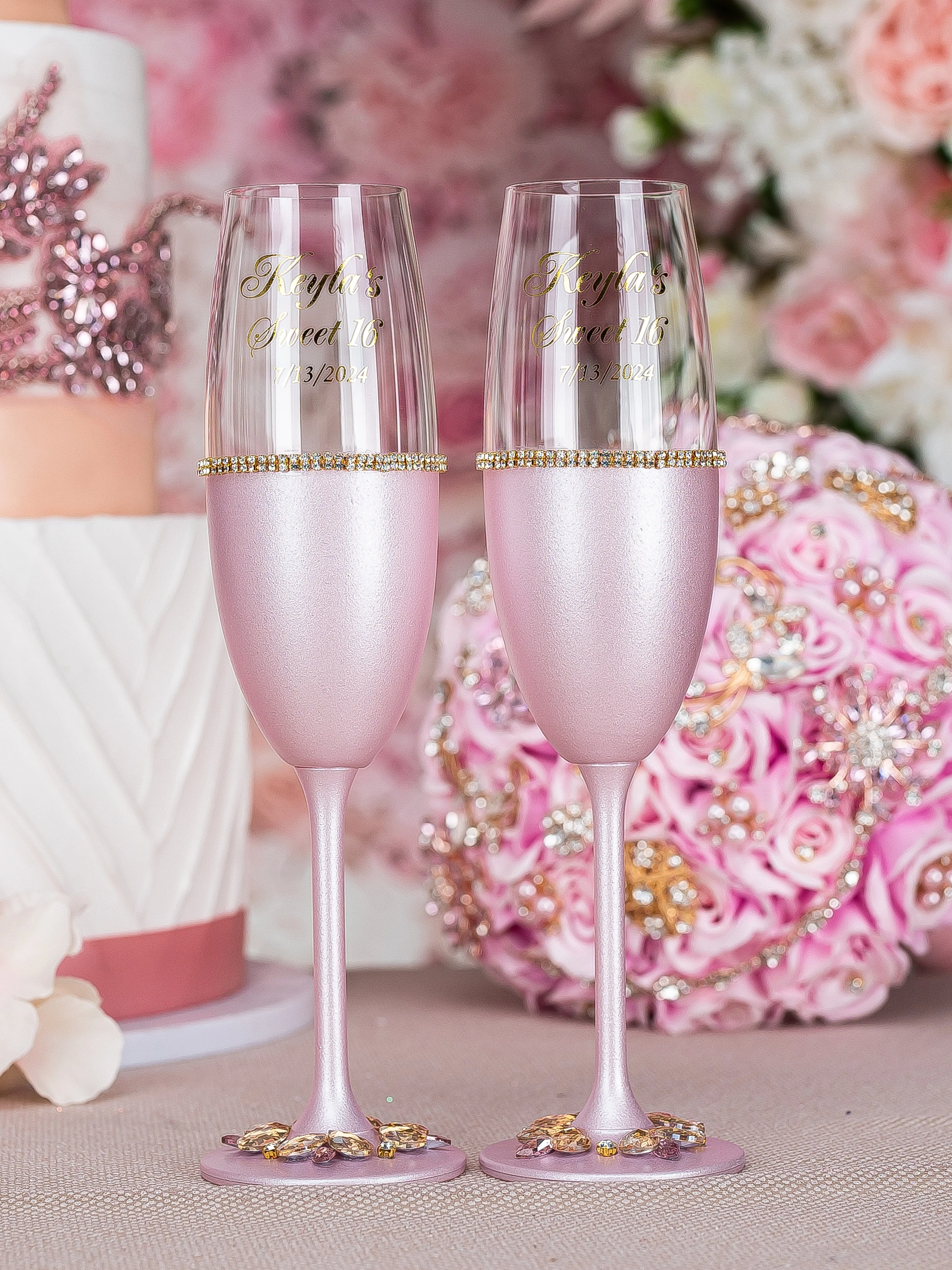 Pink with Gold 4 quinceanera champagne glasses (simple design)