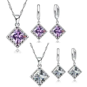 Radiantly Regal Princess Cut Austrian Crystal Necklace & Earrings Set For Woman