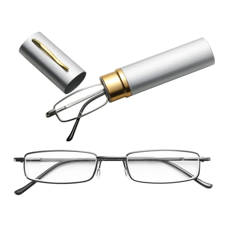 Reading Glasses Metal Spring Foot Portable Presbyopic Glasses with Tube Case  1.00D(Silver Gray)