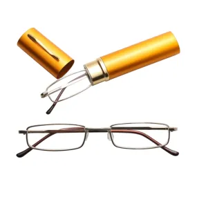 Reading Glasses Metal Spring Foot Portable Presbyopic Glasses with Tube Case  1.00D(Yellow)