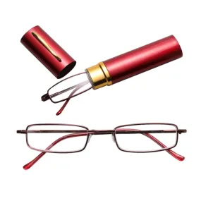 Reading Glasses Metal Spring Foot Portable Presbyopic Glasses with Tube Case  3.00D(Red)