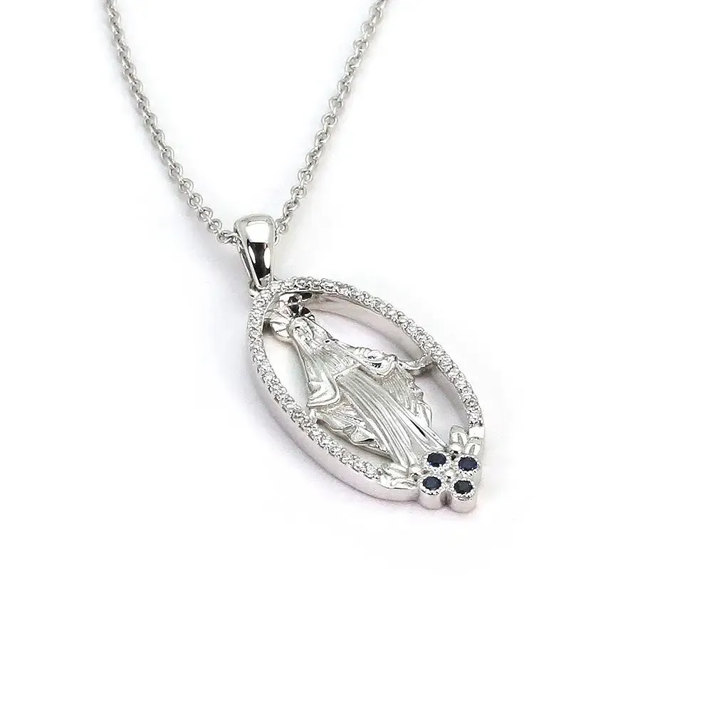 Ready Made | Mother Mary Halo Pendant with Lab Grown Diamonds and Natural Sapphires in 18K White Gold